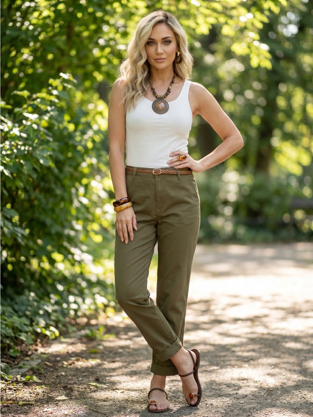 Olive Green Chino Pants with Braided Belt Included
